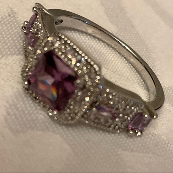 Created Pink Sapphire Princess Halo Ring Size 8 Silvertone Band - Picture 3 of 11